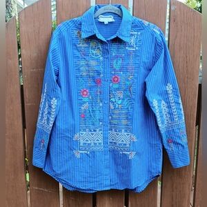 Johnny Was Workshop Women’s Blouse Small Blue Scara Oversized Yoke Embroidered